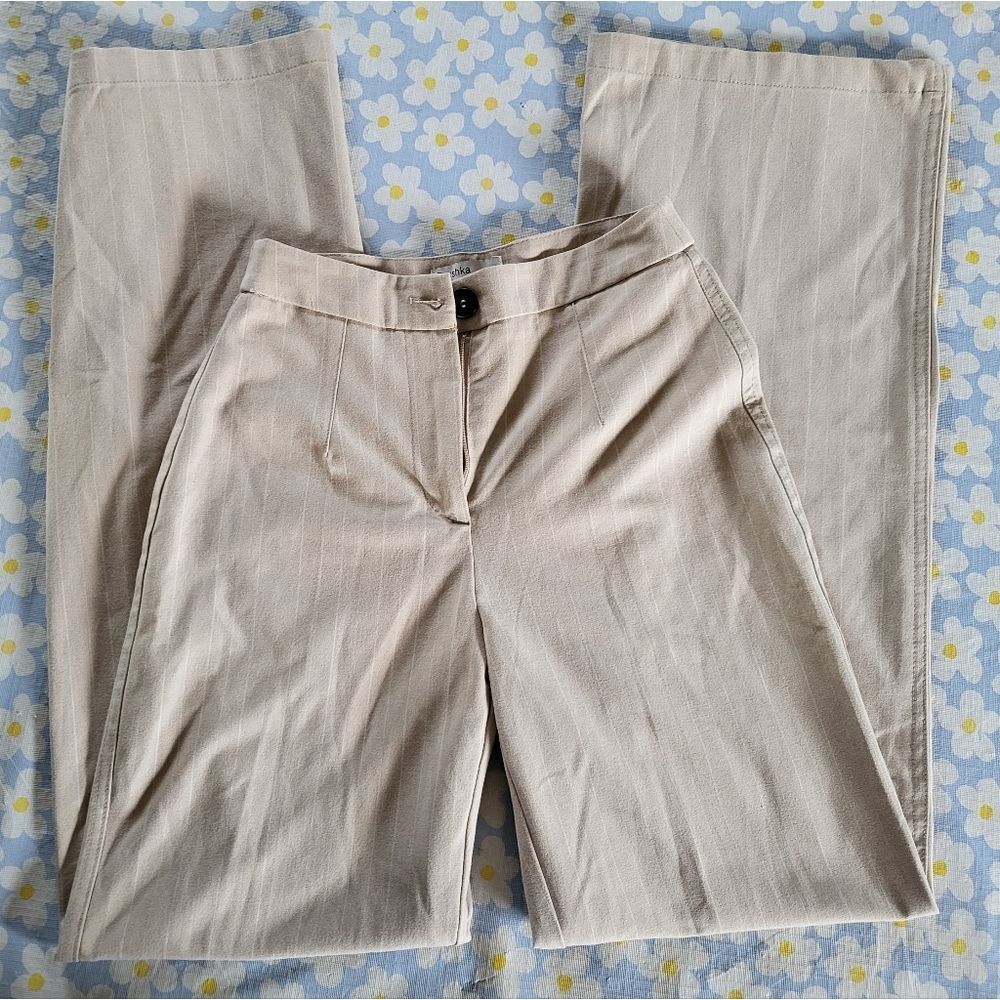 BERSHKA size 2 Beige Wide-Leg Dress Pants with Vertical Stripes